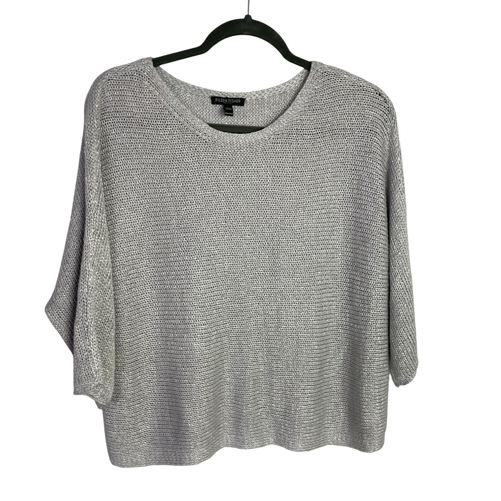 Eileen Fisher Womens Linen Blend Knit Sweater Size PM Silver Gray Dolman Sleeve
